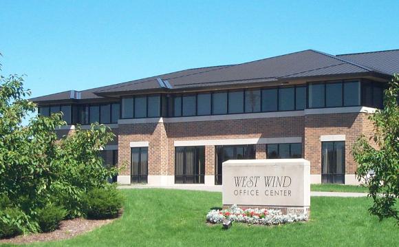 Pewaukee Office Space For lease at West Wind Office Center.  Front of Prairie style office building.
