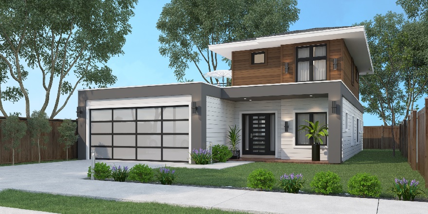 Image of exterior of the Key custom home, built by mikkelson builders.  Home is two story, modern prairie style.