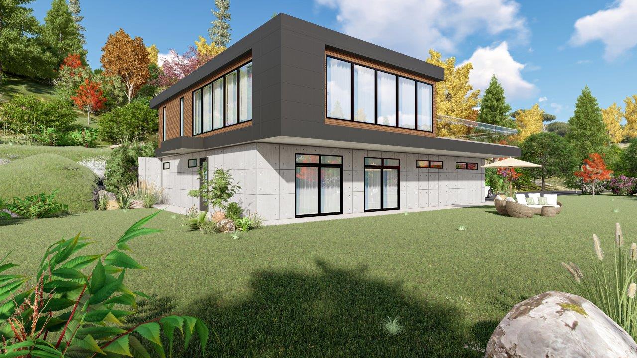 Image of Exterior of Jacobson Custom home built by Mikkelson Builders.  Modern exterior, with large windows, white and slate colored sides, and large lot are featured.