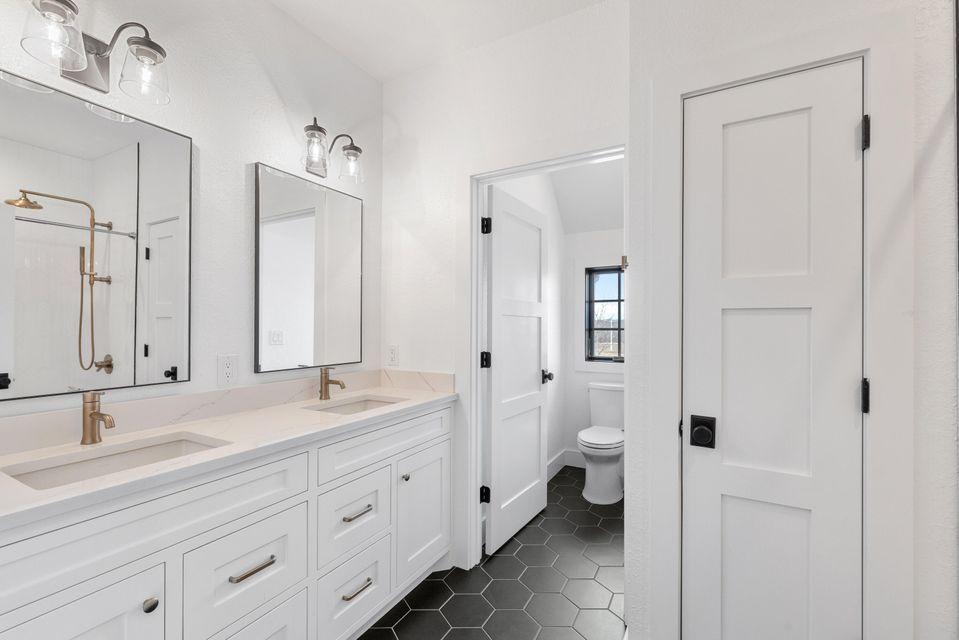 Interior image of bathroom in custom designed home- white painted walls and black hexagon floor tiles. 