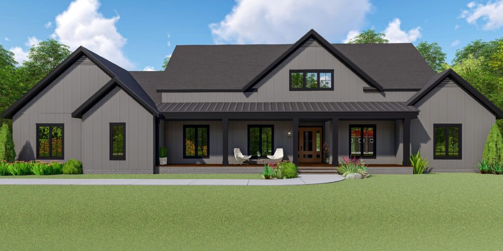 Front view of Single story modern farmhouse style custom home built by Mikkelson builders.  Features gray exterior siding and dark slate colored roof panels.