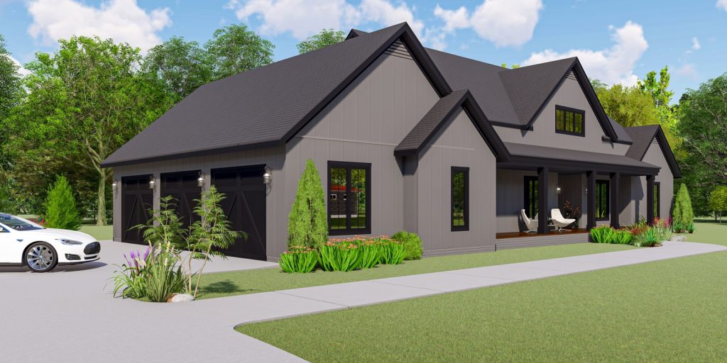 Side view of Single story modern farmhouse style custom home built by Mikkelson builders.  Features gray exterior siding and dark slate colored roof panels.