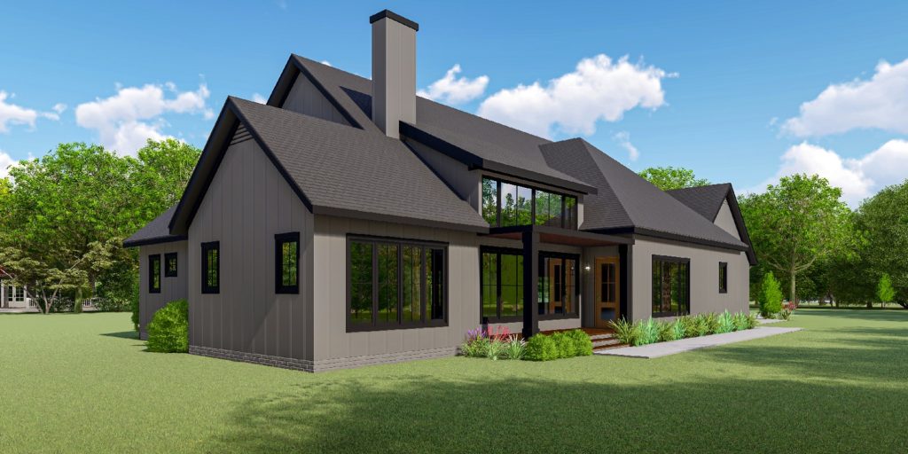 Single story modern farmhouse style custom home built by Mikkelson builders.  Features gray exterior siding and dark slate colored roof panels.