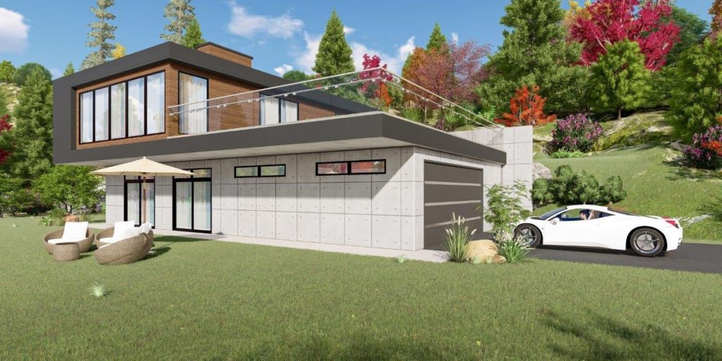 Two story mid century modern style custom home built by Mikkelson builders.  Features wood exterior, slanted roof, and large windows throughout.