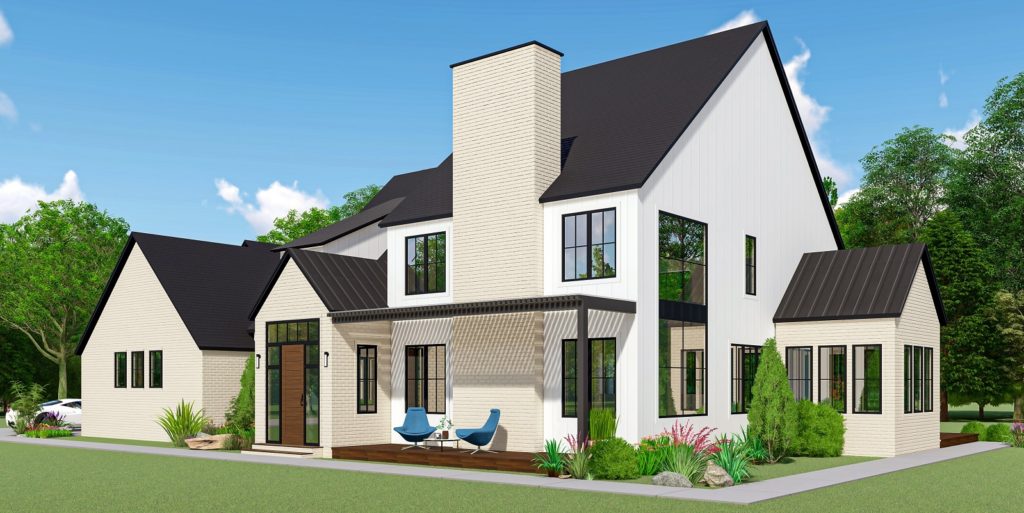 Two story modern traditional style custom home built by Mikkelson builders.  Features white exterior, large windows throughout, and black trim.