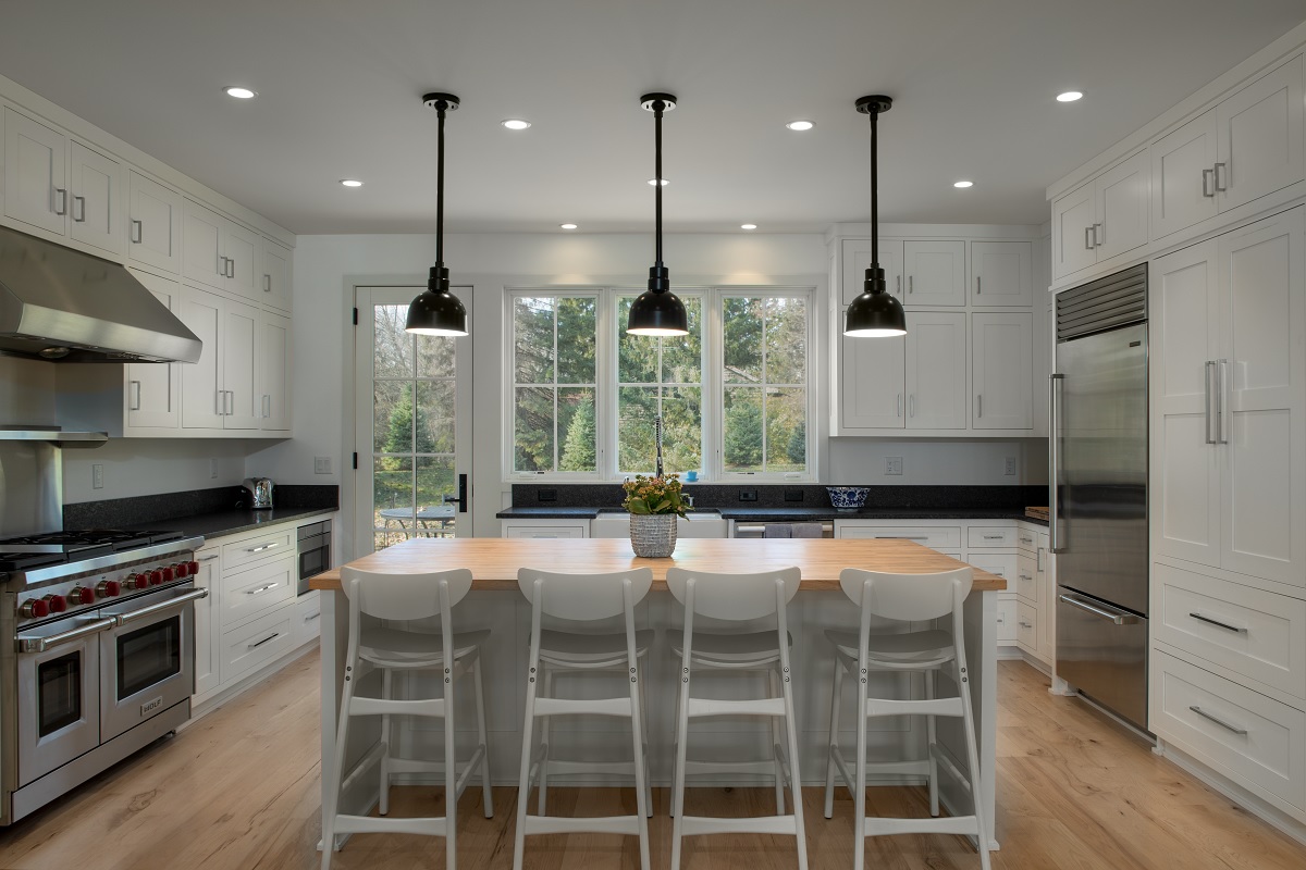 Interior view of modern kitchen in custom built home.  Designed and built by Mikkelson Builders.
