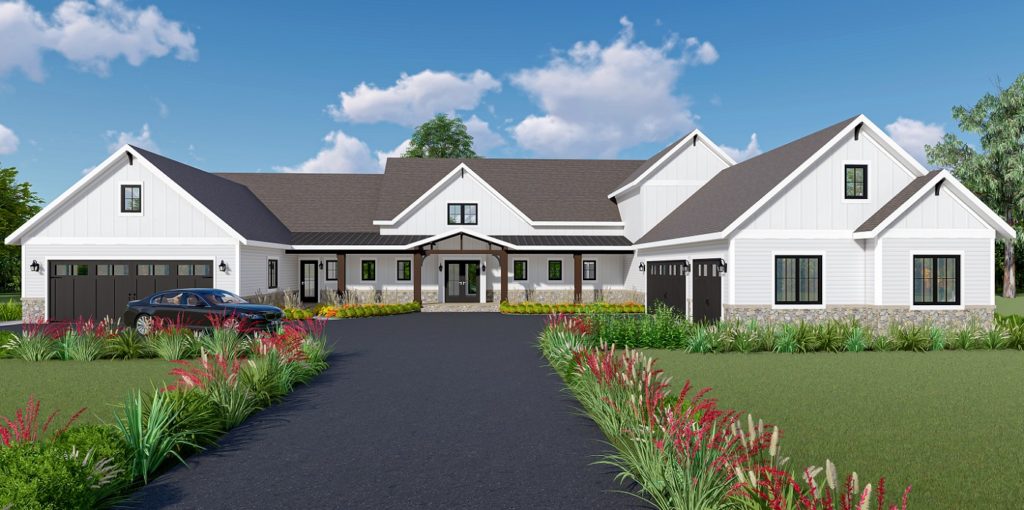 Single story modern traditional style custom home built by Mikkelson builders.  Features white exterior, large windows throughout, and dark grey roof.