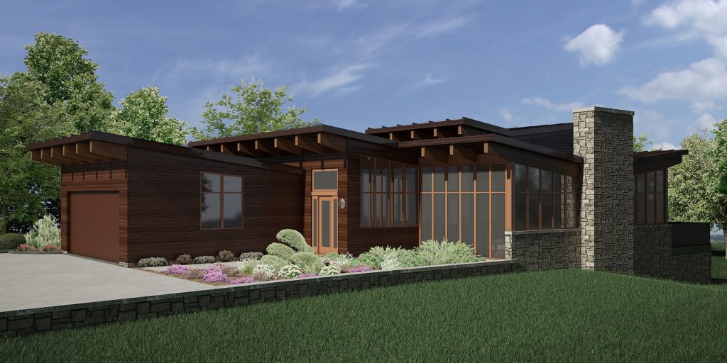 Single story modern prairie style custom home built by Mikkelson builders.  Features wood exterior and large windows throughout.