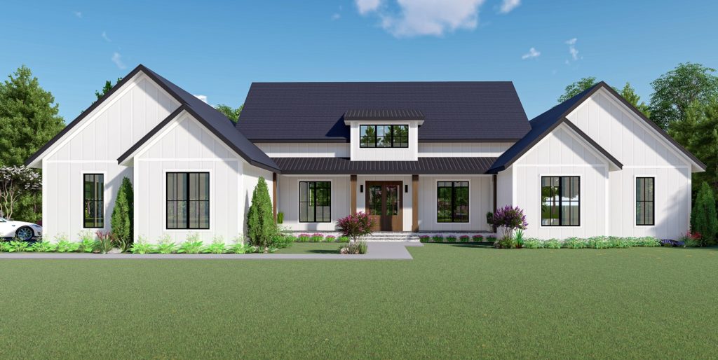 Single story modern farmhouse style custom home built by Mikkelson builders.  Features white siding and slate grey roof.