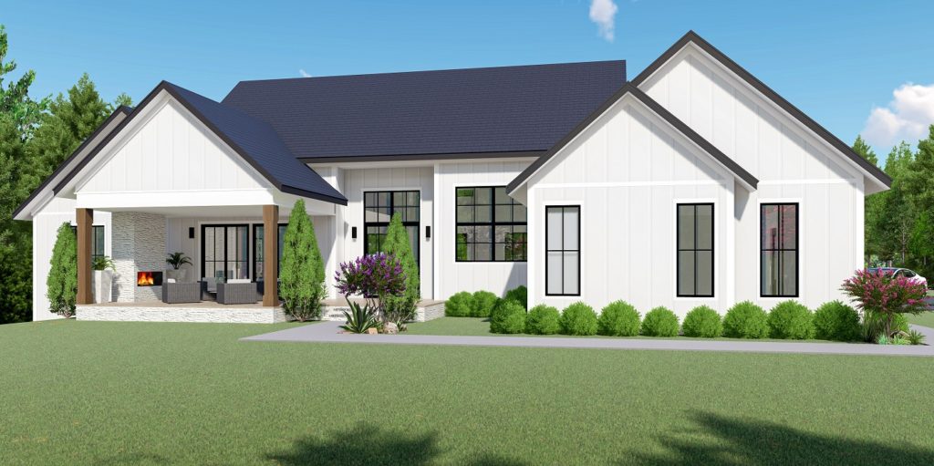 Single story modern traditional style custom home built by Mikkelson builders.  Features white exterior, large windows throughout, and black trim.
