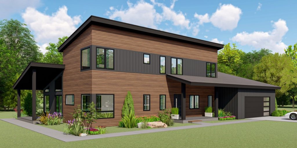 Two story modern prairie style custom home built by Mikkelson builders.  Features wood exterior and large windows throughout.