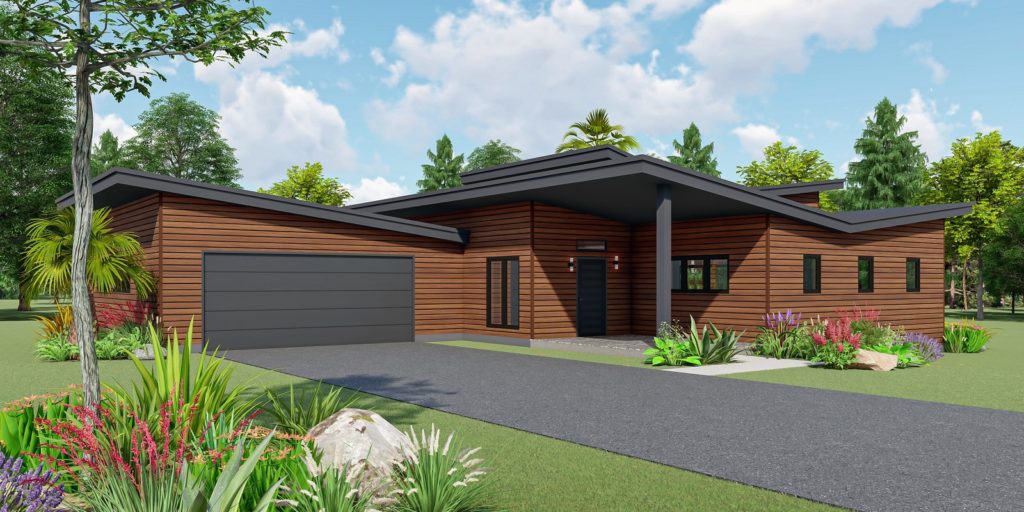 Image of front view of the Papillon custom home built by mikkelson builders.  Modern design with butterfly style slanted roof and brown wood siding.